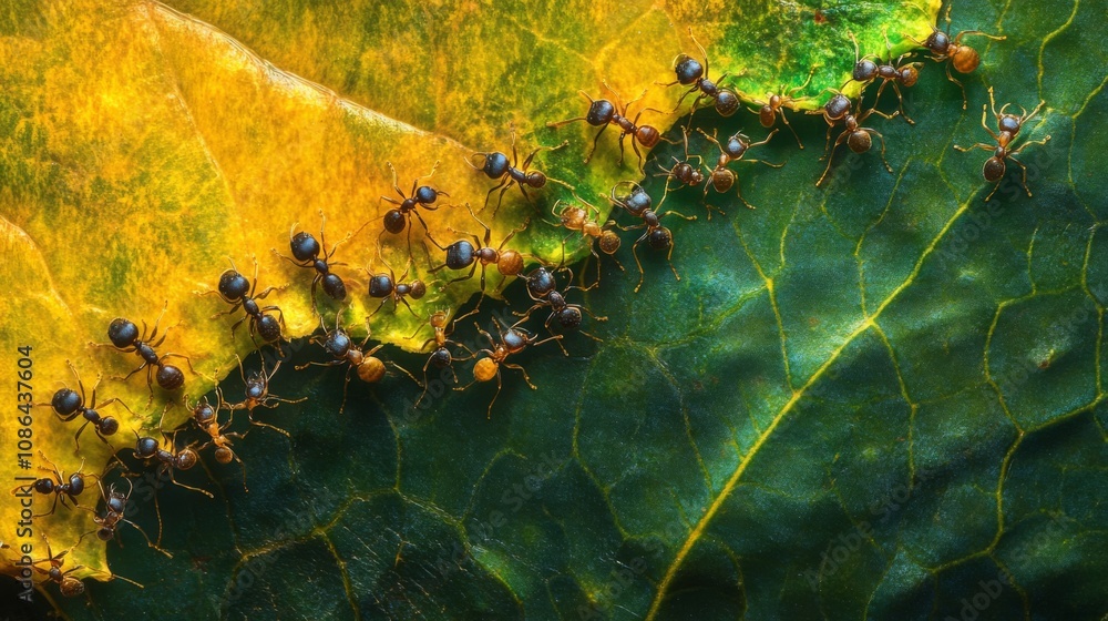 Poster Close-up of Ants Crawling on Leaves Showing Nature's Tiny Creatures in a Green and Yellow Environment with Intricate Details and Textures of the Foliage