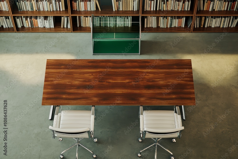 Poster overhead view of a large wooden table with two white leather chairs in a library setting.