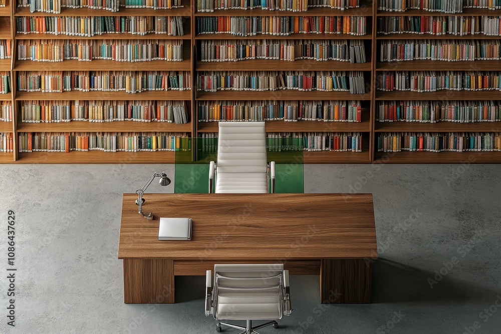 Poster top view of a desk with a chair and a lamp in a library with bookshelves filled with books.
