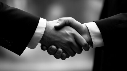 a close-up of two hands shaking firmly, both wearing professional business suits. The background is softly blurred, hinting at a modern office environment, emphasizing trust and partnership.