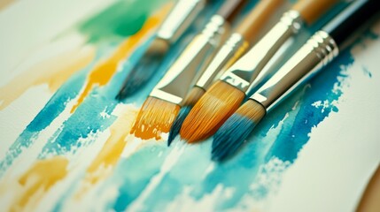 Obraz premium A Close-Up View of Artistic Paint Brushes Placed on a Vibrant Watercolor Background with Splashes of Blue, Green, and Yellow, Ideal for Creative Projects