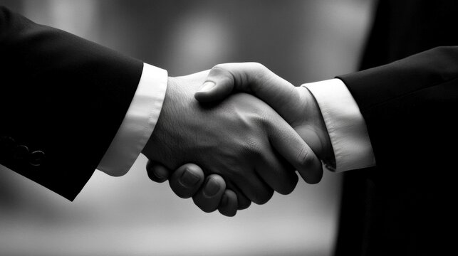 a close-up of two hands shaking firmly, both wearing professional business suits. The background is softly blurred, hinting at a modern office environment, emphasizing trust and partnership.