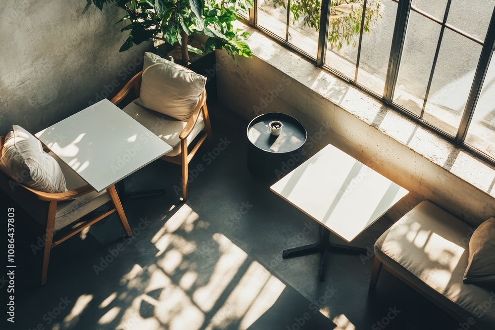 Aufkleber a minimalist cafe corner with two tables and chairs, bathed in natural light streaming through large