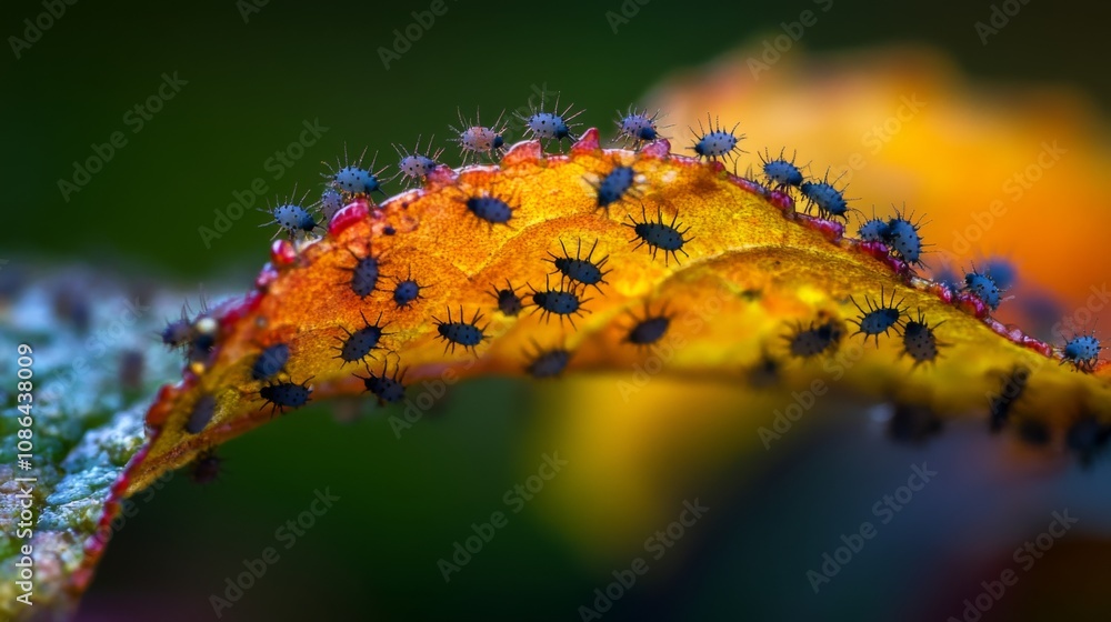 Aufkleber close-up view of insect infestation on a colorful leaf capturing intricate details of nature's small