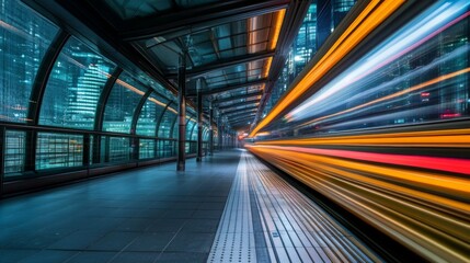 A sleek capital city sky bridge illuminated by streaks of light, emphasizing speed and progress. 