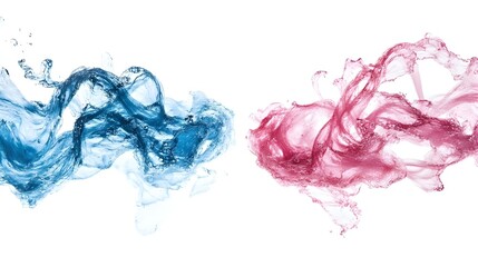 Fototapeta premium Abstract pink and blue paint swirls on clear background.