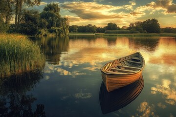 Fototapeta premium A Wooden Rowboat Resting on Calm Water at Sunset