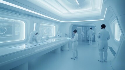 Obraz premium futuristic space station laboratory, with scientists analyzing holographic displays of distant planets and galaxies. The room is illuminated by soft, high-tech lighting.