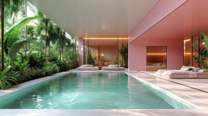 Fototapeta premium Modern indoor pool surrounded by lush greenery and relaxation spaces.