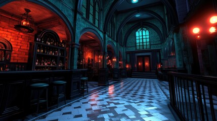 Obraz premium Gothic Bar Interior Dark Elegant 3D Render Ambient Lighting