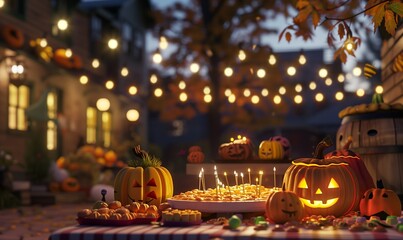 trick-or-treat, a modern neighborhood block party with costumed children and adults