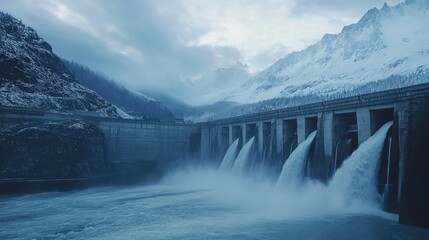 Fototapeta premium Hydroelectric dam releasing clean energy through water turbines, set against a mountain backdrop