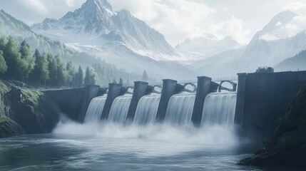 Fototapeta premium Hydroelectric dam with water flow through turbines, surrounded by beautiful mountain landscapes