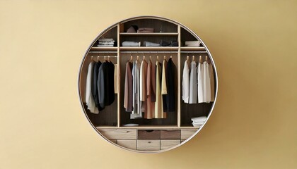 sustainable fashion upcycled design concept. A circular wardrobe displays neatly hung clothes in various colors against a simple yellow wall, highlighting minimalist design and organization.