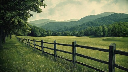Fototapeta premium Serene Countryside: A Picturesque View of Rolling Hills and Wooden Fence