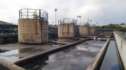Obraz premium Open-air filtration tanks in a wastewater treatment plant, showing eco-conscious waste handling