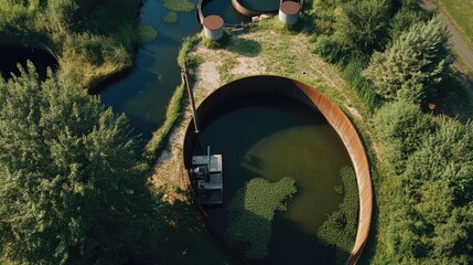 Overhead shot of a wastewater treatment plant integrated with nature, promoting environmental harmony