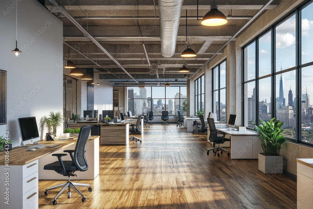 Poster modern open plan office with large windows overlooking a cityscape.