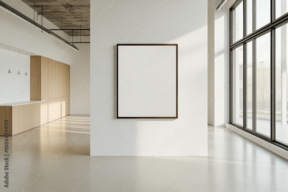 Poster minimalist interior design featuring a large empty frame on a white wall with sunlight streaming thr