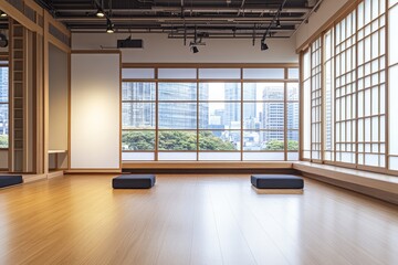 Empty minimalist Japanese style room with wooden floor and large window overlooking city.