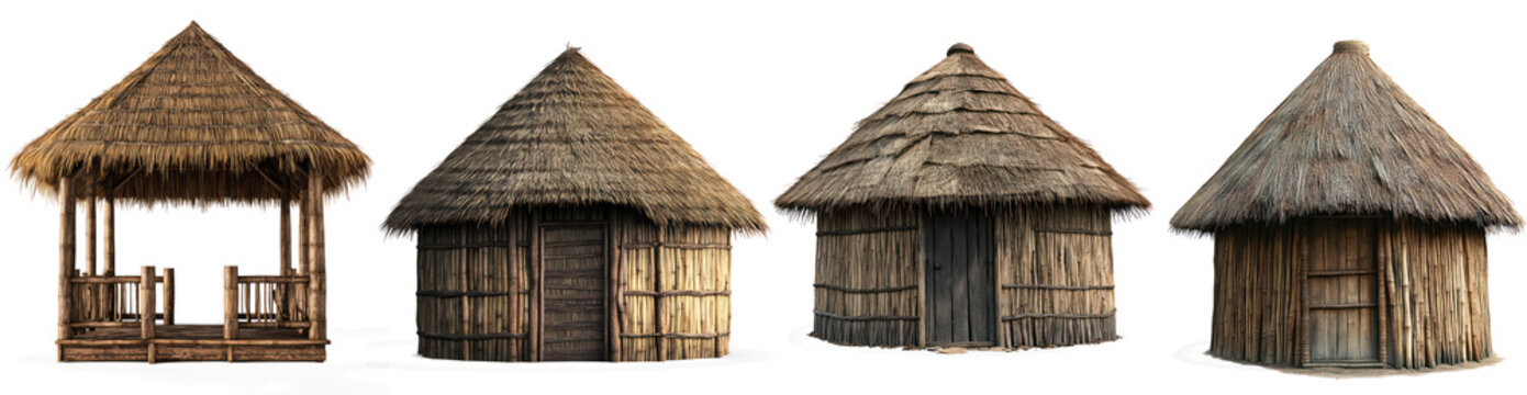Set of Traditional Bamboo and Thatch Hut with Rustic Design on Transparent Background