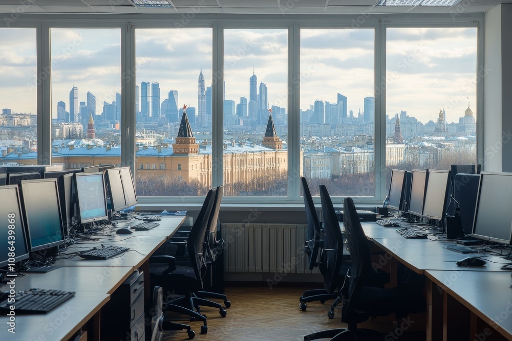 Poster An empty computer lab with large windows overlooking a city skyline.