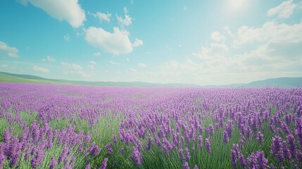 Naklejka premium A serene lavender field under a bright blue sky with fluffy clouds.