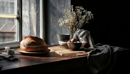 Breads and pastries, eggs, flour, and other baking ingredients in bowls, cutting board and dishtowels, on kitchen countertop in front of a window with golden sunlight streaming in. Flowers. Cluttered,