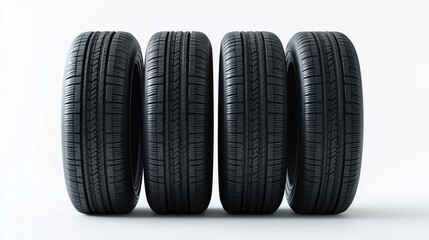 Photorealistic close-up shot of four brand new car tires, detailed tread pattern
