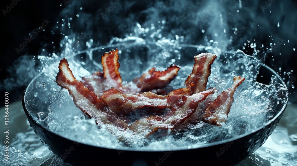 Poster Crispy Bacon Strips Dropping into Hot Oil Creating Splashes of Water in a Dark Setting with a Focus on Sizzling Texture and Delicious Appeal