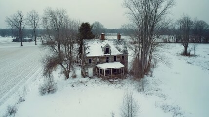 Abandoned farmhouse covered in snow, surrounded by leafless trees and untouched winter fields