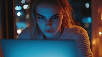 Focused Young Woman Working on Laptop in Cozy Office Space During Evening Hours with Ambient City Lights in the Background