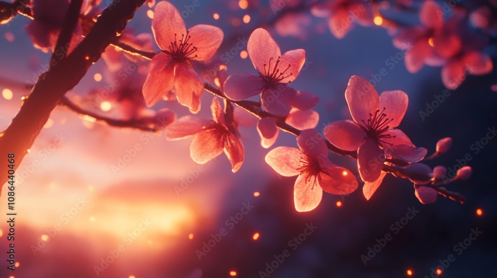 Poster beautiful cherry blossom branch against a sunset sky with soft bokeh effect highlighting delicate pi