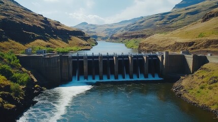 Scenic mountain dam with water streaming through turbines, highlighting sustainable electricity production