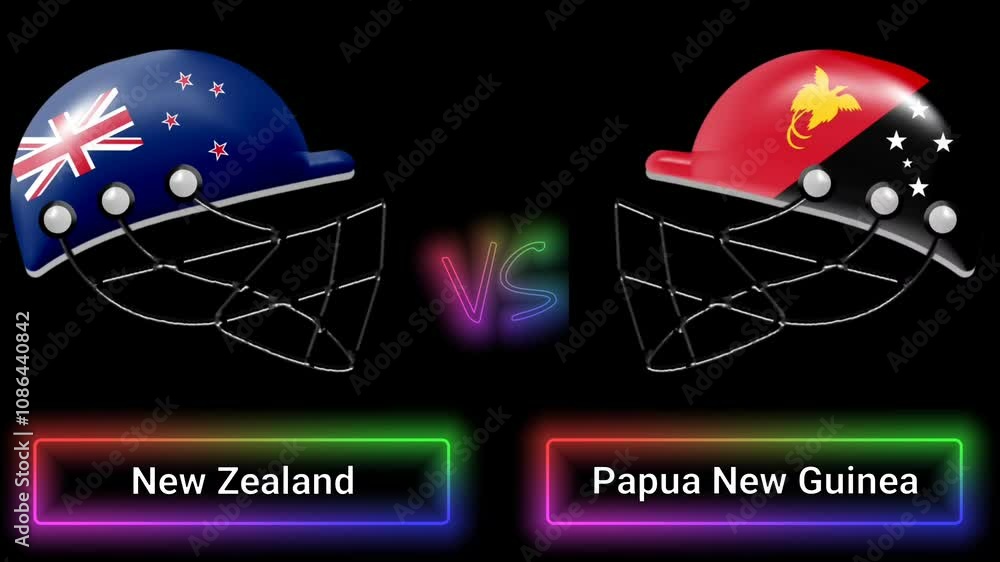 Poster new zealand vs papua new guinea match animation with flags on helmets and colorful border over text 
