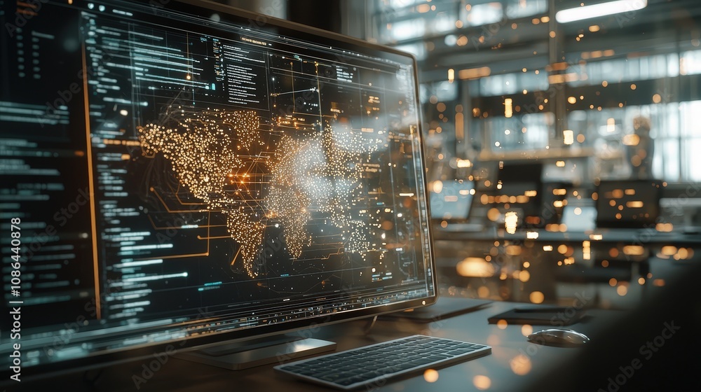 Aufkleber global network data digital marketing keyword trends on computer screen