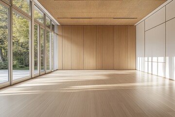 Fototapeta premium Empty room with large windows, wooden floors and walls, and sunlight streaming in.