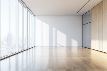 Obraz premium Empty modern office room with large windows, wooden floor, and city view.