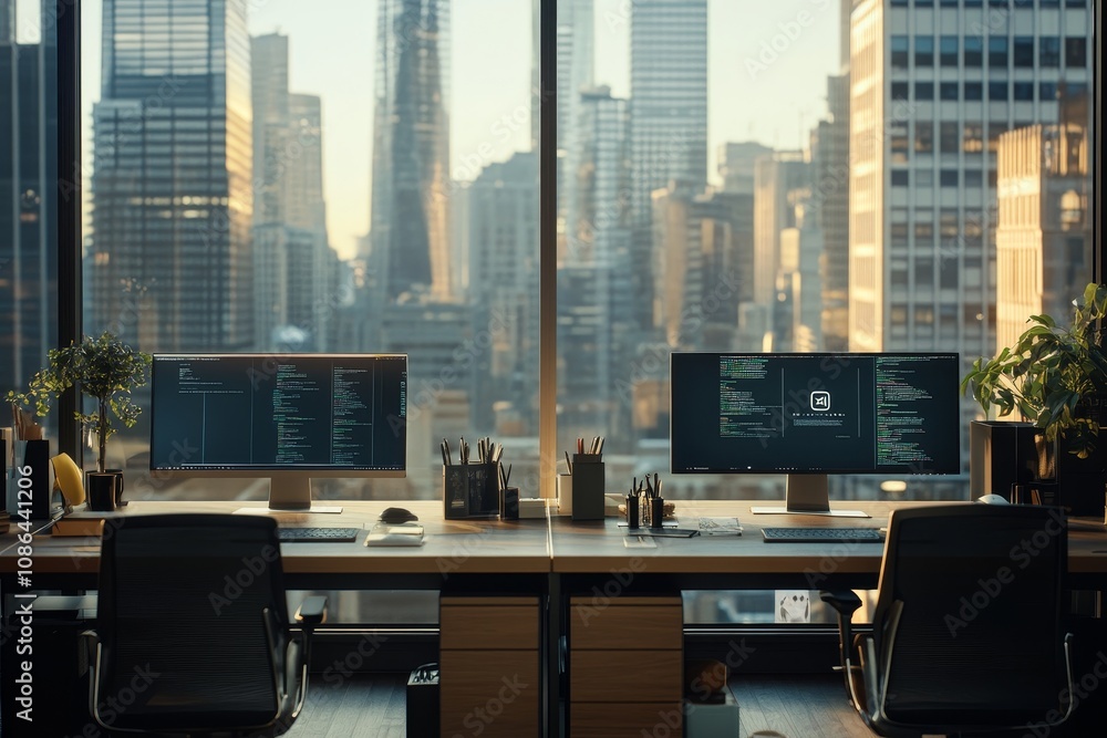 Aufkleber Modern office desk with two computer monitors displaying code, facing a panoramic cityscape view through large windows.