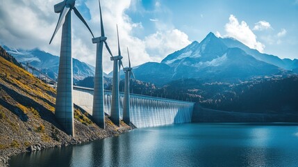 Turbines in a hydroelectric dam generating power, with mountains behind representing sustainable energy