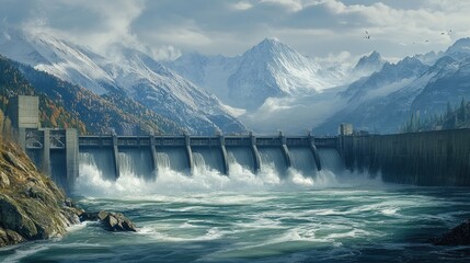 Fototapeta premium Turbulent water powering turbines at a hydroelectric dam, with scenic mountains in the background