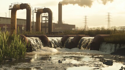 Wastewater pouring from large pipes near a factory, symbolizing the environmental impact of industrial waste