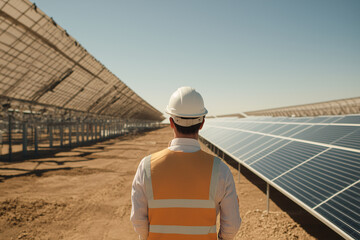 engineers are checking solar cell modules in white helmet and vests.