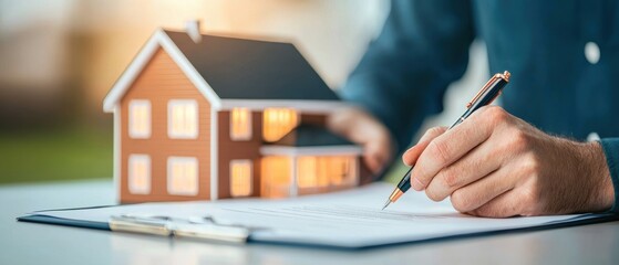 Home buyer signing final purchase documents at a real estate office indoor setting legal transaction professional environment close-up view home ownership journey