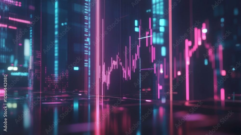 Poster abstract digital background featuring neon line graphs and data points in a high-tech virtual enviro
