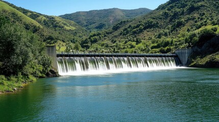 Water streaming from a dam turbines in a scenic mountain area, illustrating renewable power