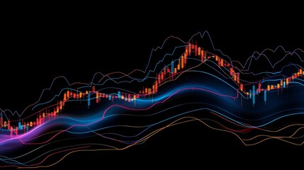Abstract representation of financial market trends showcasing colorful candlestick charts and dynamic wave patterns on a black background for modern trading analysis.