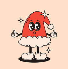 Groovy retro character Christmas hat. Flat vector illustration.