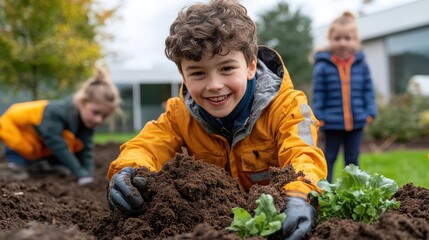 Food waste concept. Composting workshop at school, kids engaged with soil, composting education, food waste sustainability