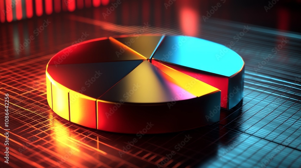 Poster Modern 3D Pie Chart in Vibrant Colors with Abstract Background Representing Data Analysis and Business Statistics Visualization Concepts in Digital Environment